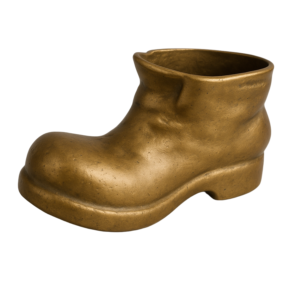 Bronze boot sculpture on a neutral background